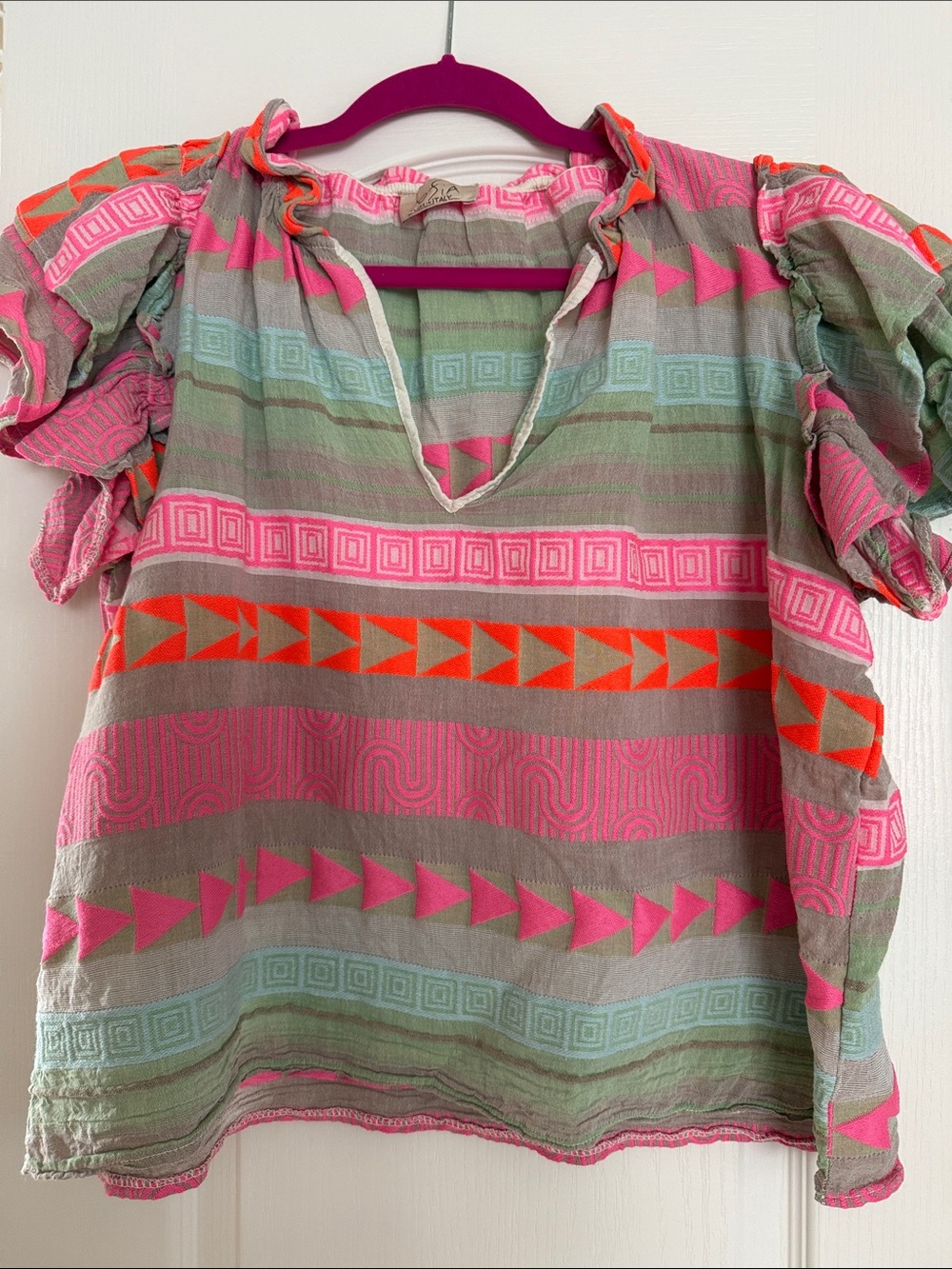 Women's V-Neck Ruffle Sleeve Blouse in Pink & Olive